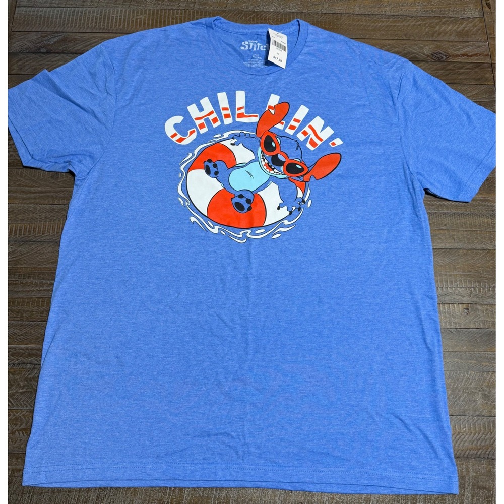 Disney Stitch Graphic T-Shirt Mens XL Blue NWT Chillin Life Preserver Summer Tee